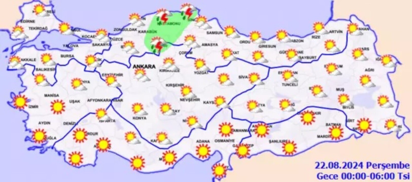 Bugün ülkenin Kuzeybatı bölgesinin parçalı ve aynı zamanda yer yer çok bulutlu geçeceği tahmin ediliyor. Lokal sağanak ve gök gürültülü şeklinde sağanak yağışların beklendiği yerler ise Batı Marmara, Batı Karadeniz, Bilecik, Kütahya, Eskisehir, Çankırı v
