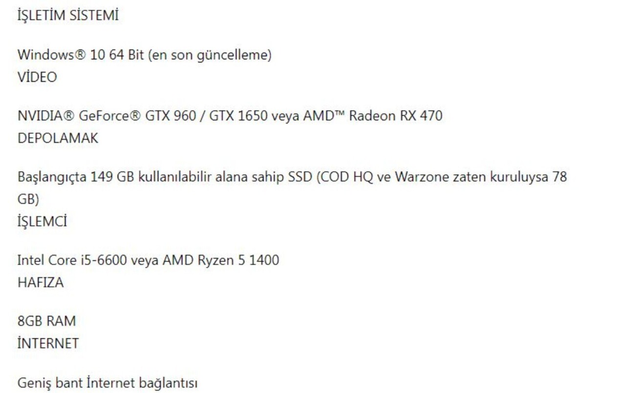Minimum Gereksinimler Önerilen Özellikler