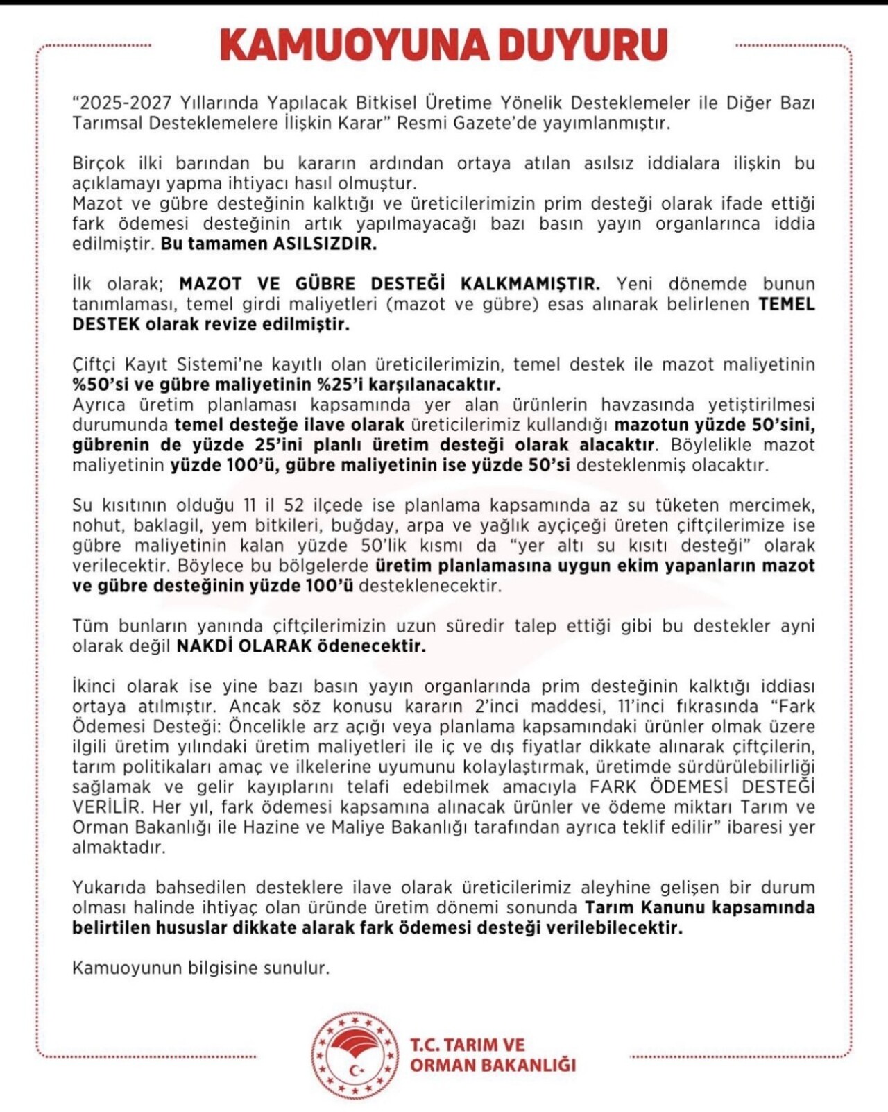 Çiftçilere ödenen mazot, gübre, prim desteği kaldırıldı