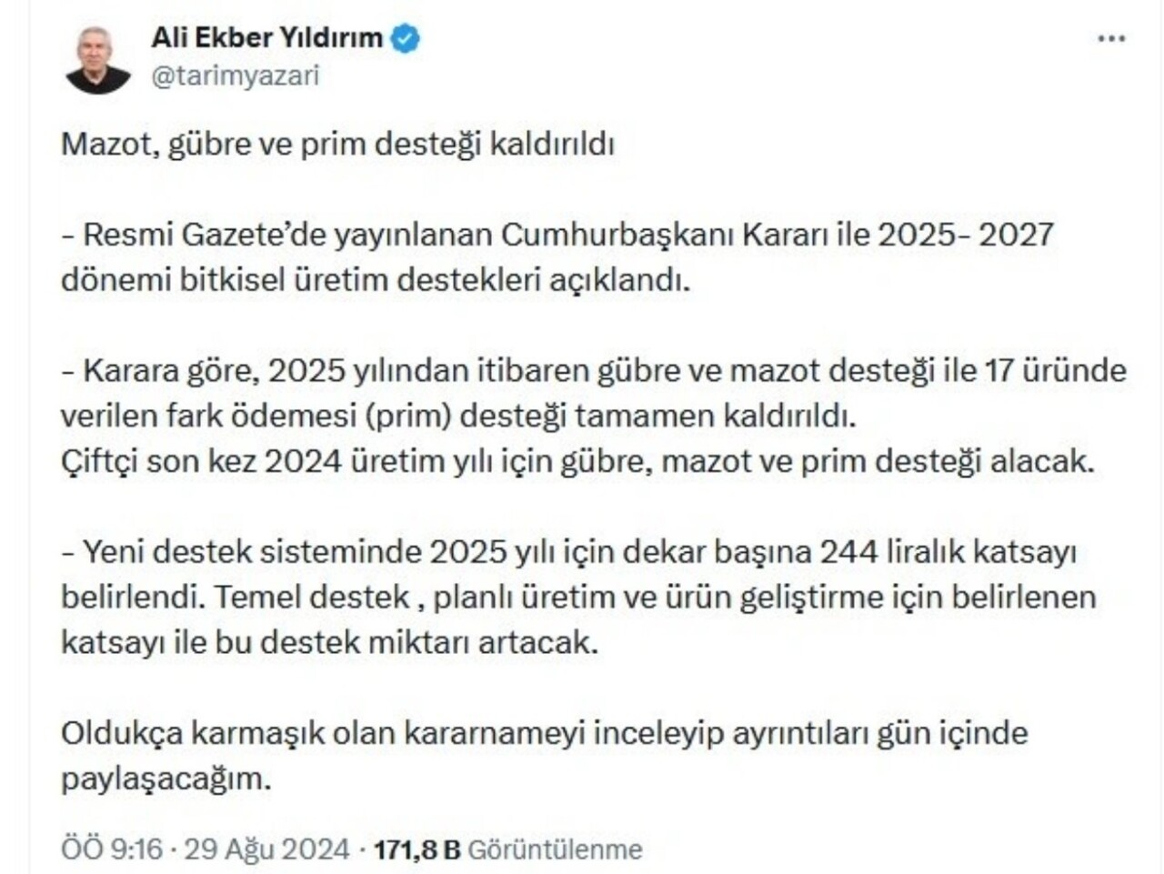 Çiftçilere ödenen mazot, gübre, prim desteği kaldırıldı