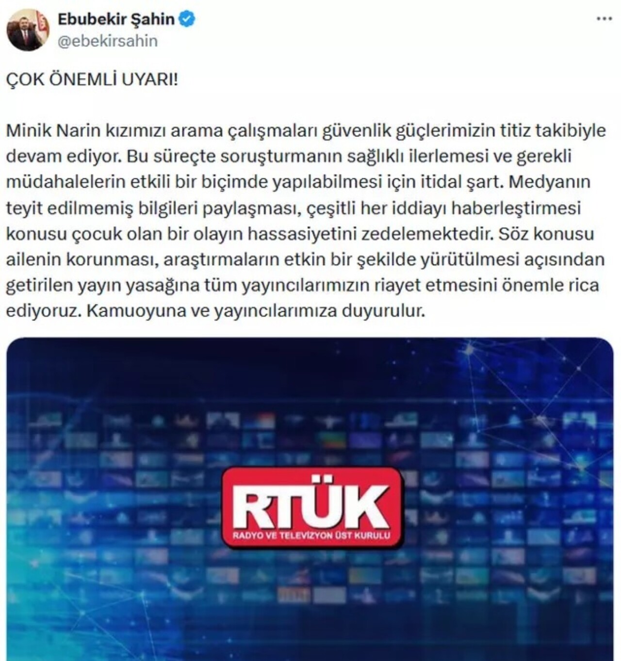 RTÜK kayıp çocuk Narin Güran haberlerine yayın yasağı getirdi